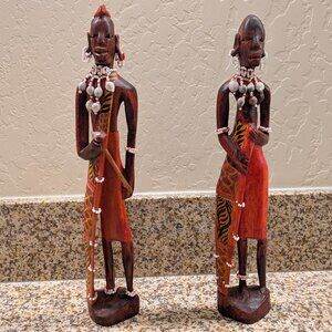Vintage Hand Carved Wooden African Man & Woman Warrior Statues